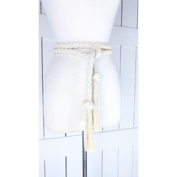 Ivory woven braided rope knotted fringe tassel tie belt main image 7